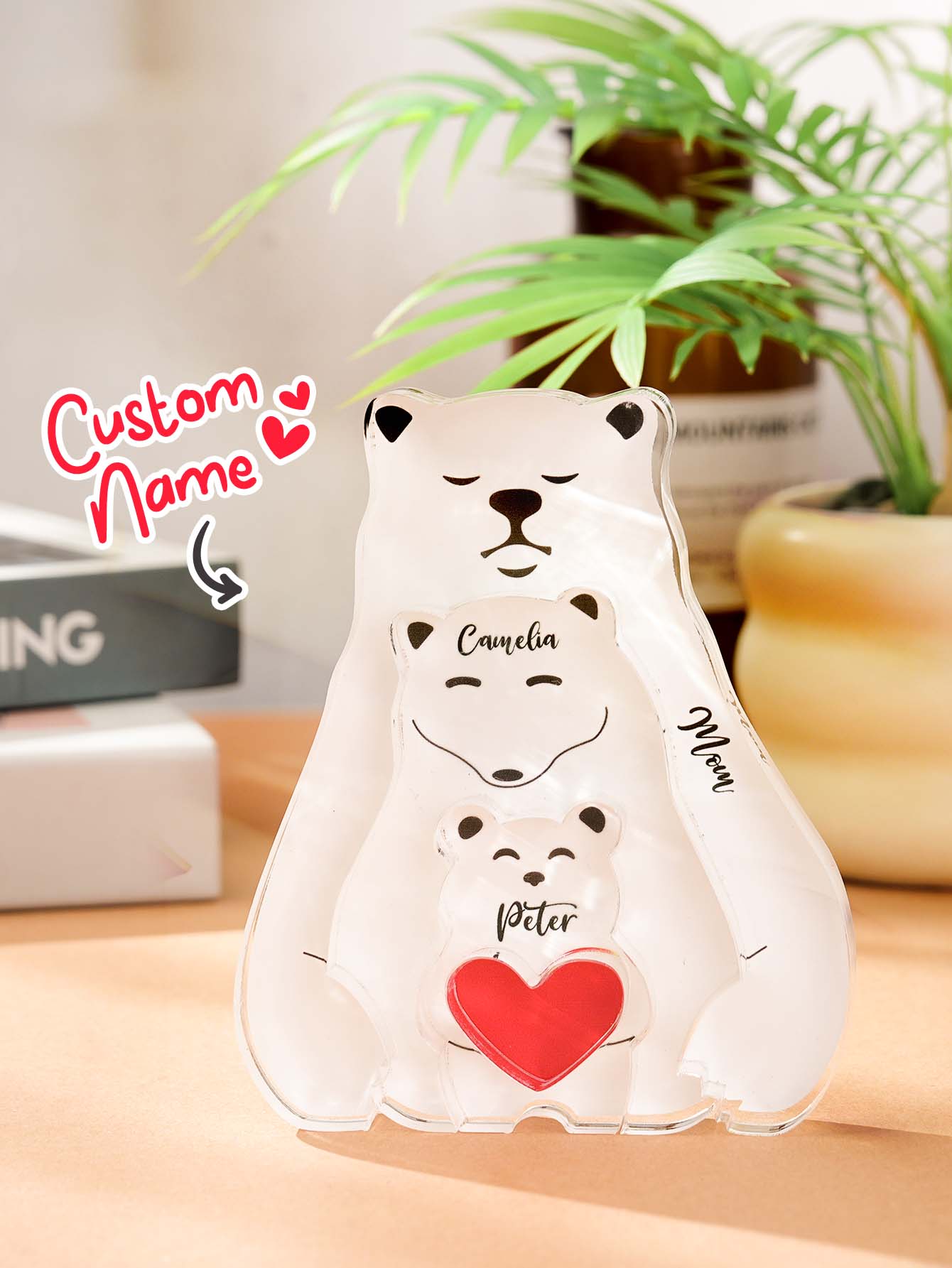 Example personalised text on a Bear Family Puzzle — bespoke acrylic keepsake for single parents with the option to add names or a short message