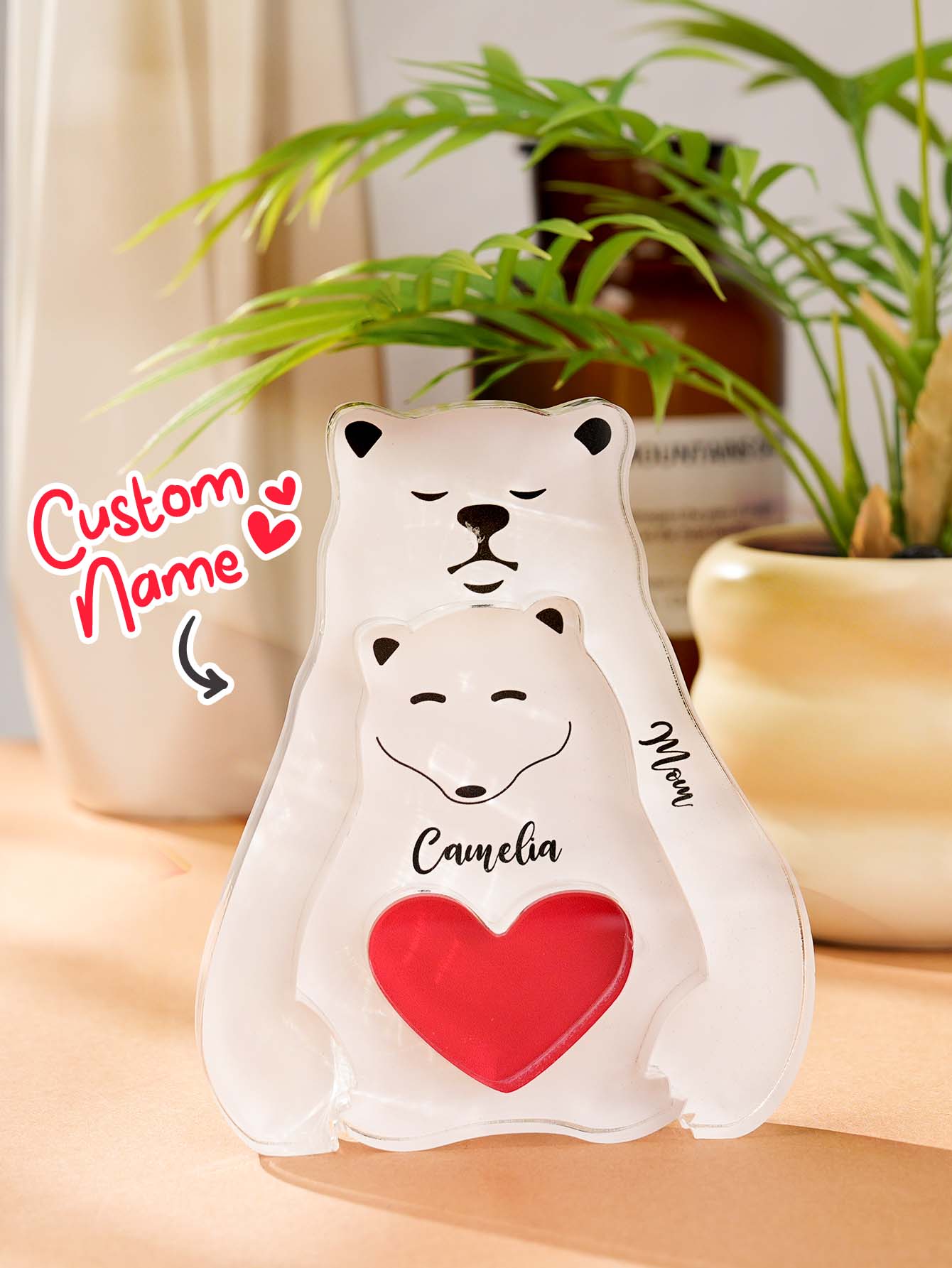 Gift-ready Personalised Bear Family Puzzle beside a present box, custom acrylic keepsake made to order for housewarmings and family celebrations