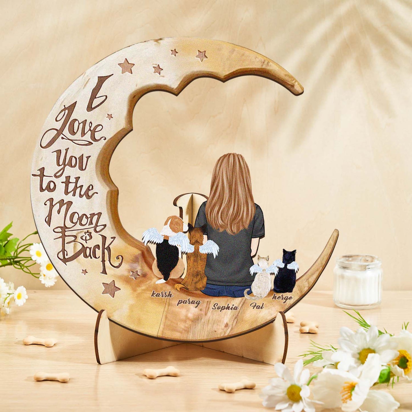 Personalised Memorial Dog Moon Wooden Art - Custom Pet Gift & Home Decoration