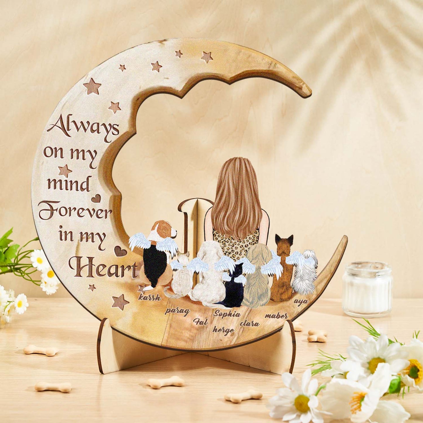 Personalised Memorial Dog Moon Wooden Art - Custom Pet Gift & Home Decoration