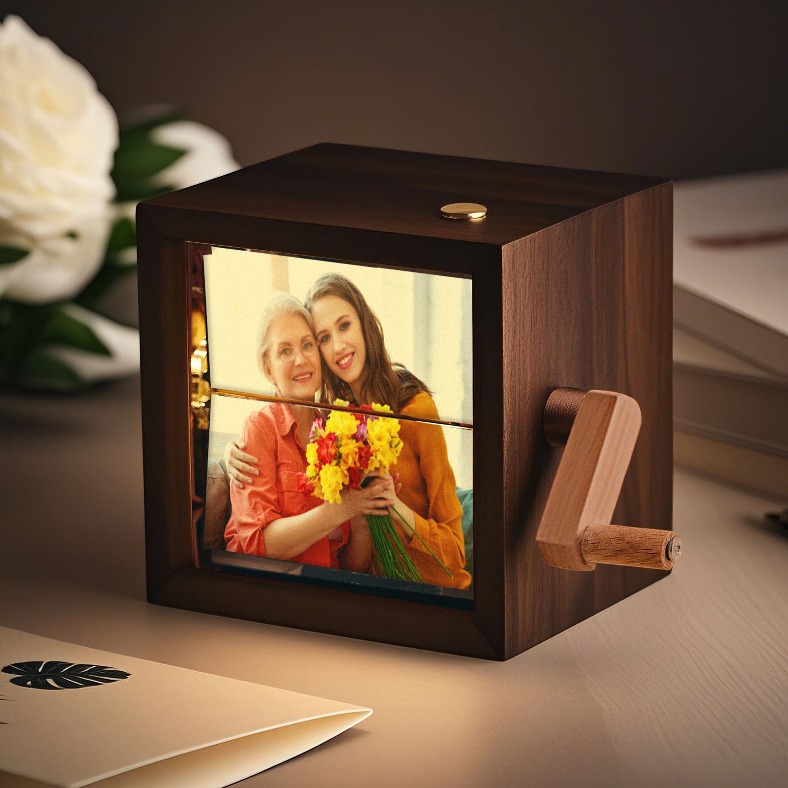Side view of the personalised photo frame, highlighting wood and acrylic accents and the compact 8.8 x 8.8 x 7.5 cm size.