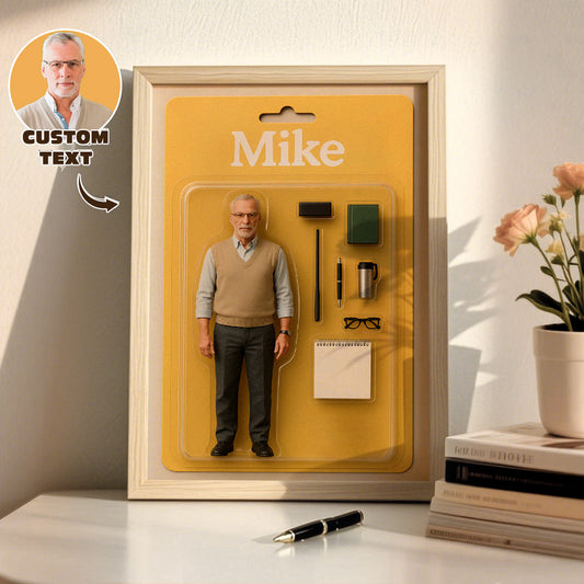 Fully personalised full-body mini figure portrait displayed in a premium wooden display box with nostalgic toy-packaging artwork; based on your favourite photo, with a custom head and optional nameplate.