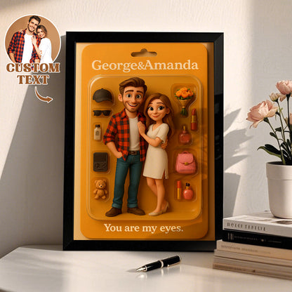 Personalised cartoon figure portrait in a premium wooden frame with personalised nameplate - toy-style mini character made from your photo, ideal personalised gift