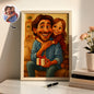 Front view of a personalised caricature photo frame with a bespoke head caricature on copper paper in a wooden frame — a funny custom face gift, ideal for personalised gifts in Australia and the UK
