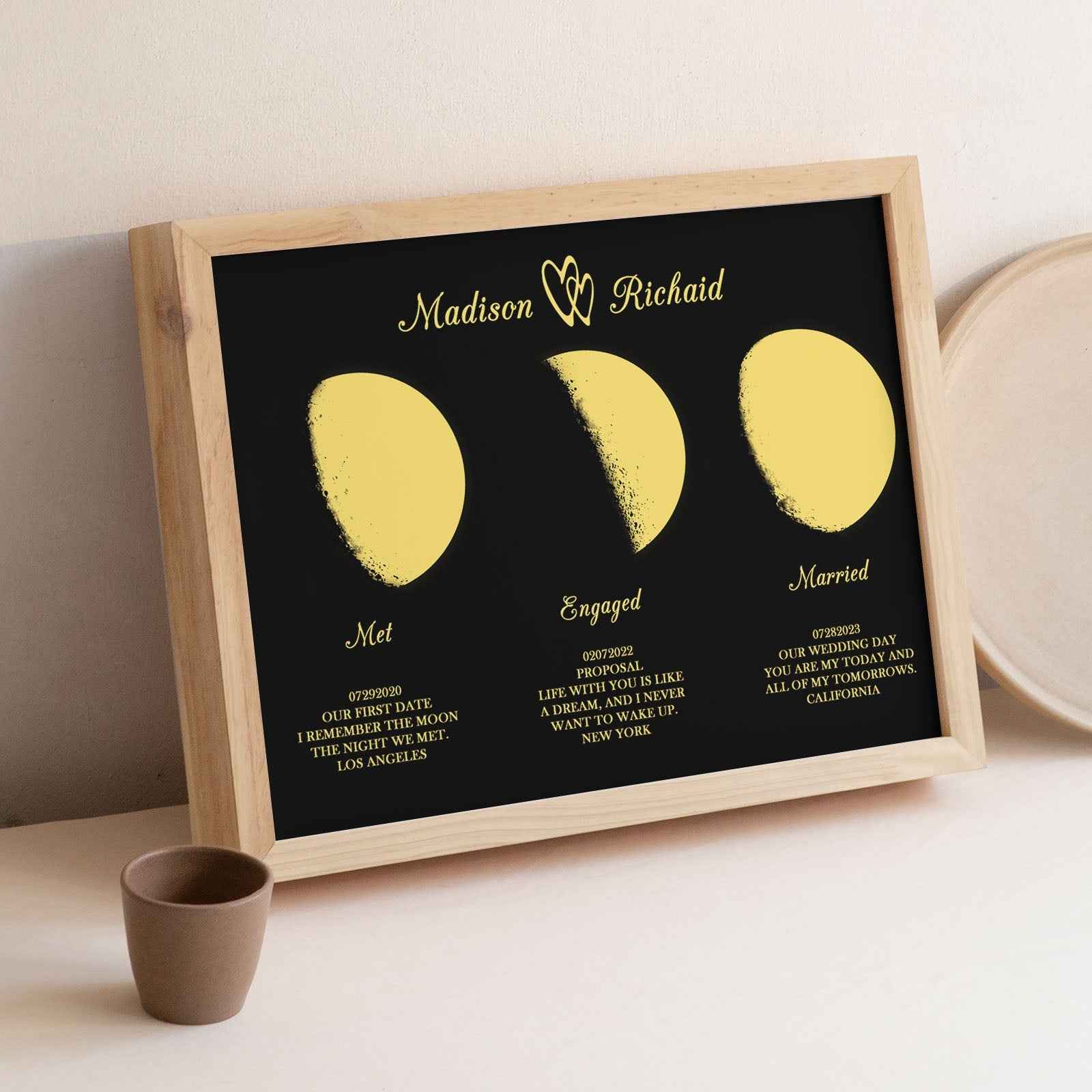 Custom Moon Phase Wooden Frame Three Moon Phase with Personalized Name and Text