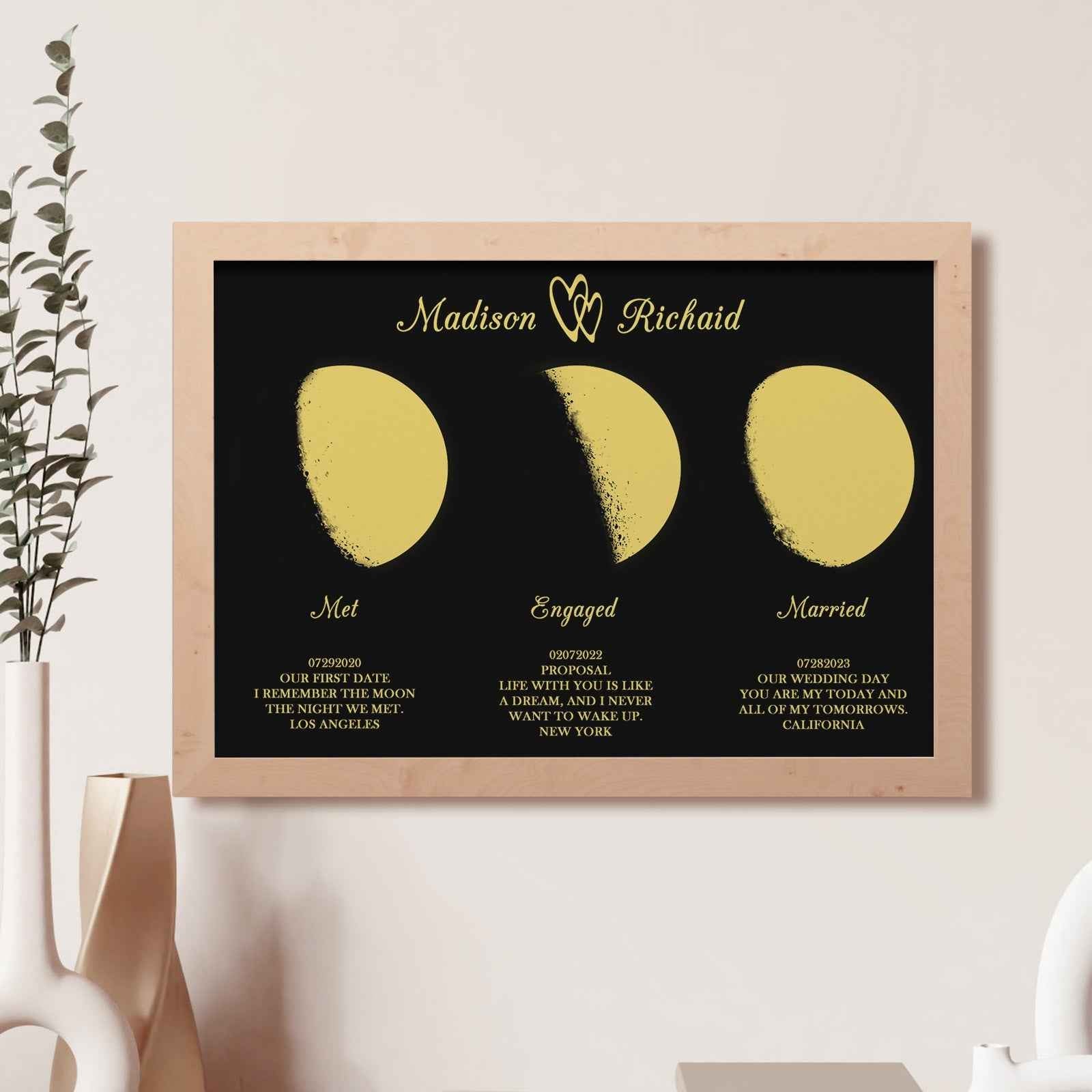 Custom Moon Phase Wooden Frame Three Moon Phase with Personalized Name and Text