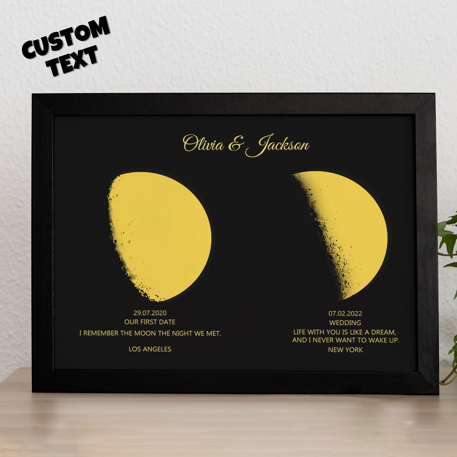 Personalised Moon Phase and Names Wooden Frame | Custom Gold Moon Gift
