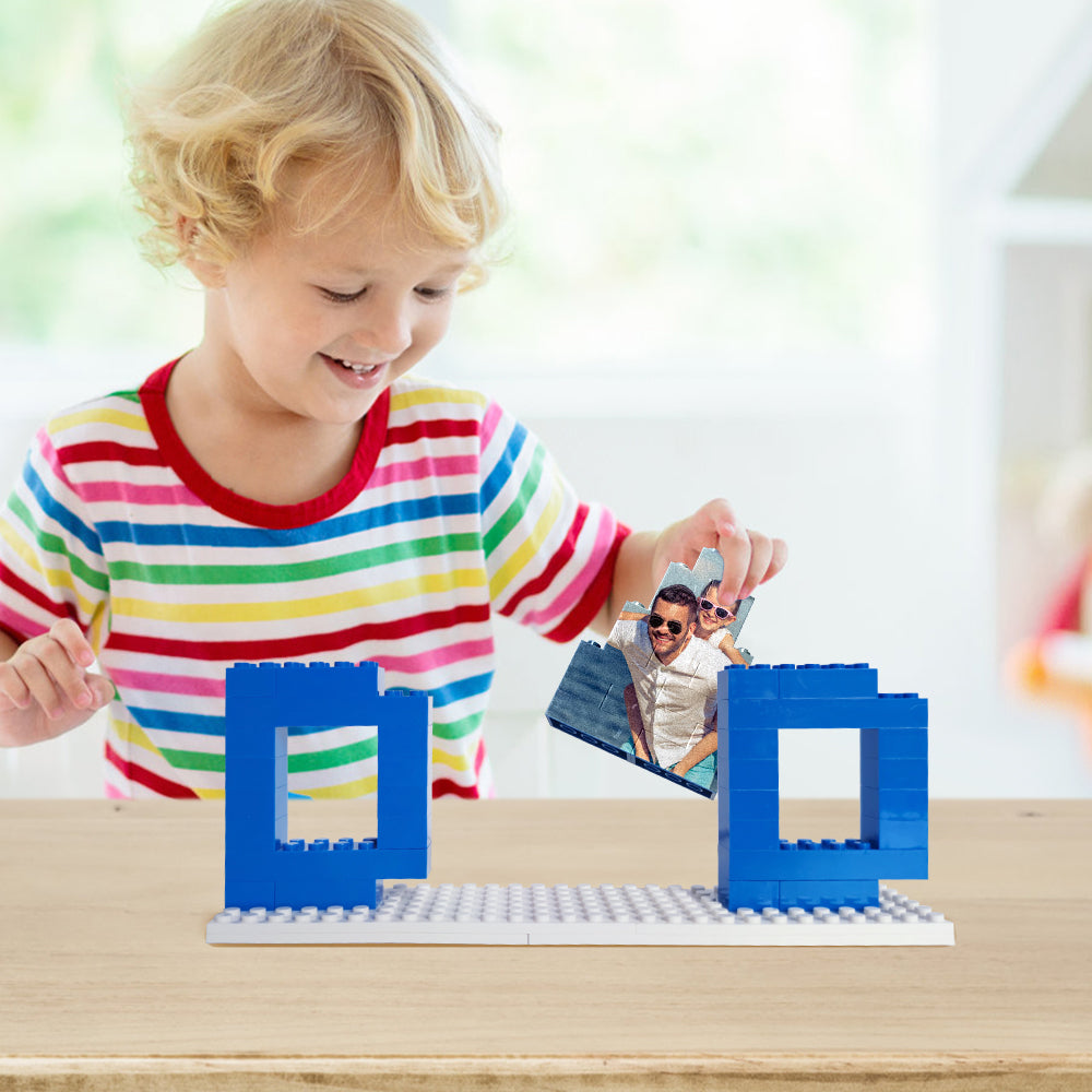 Side view of free-standing personalised photo block showing sturdy plastic construction