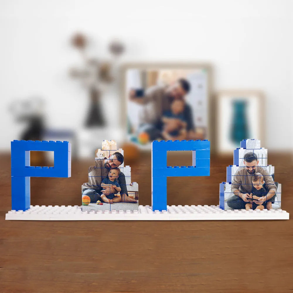 Top-down view of assembled photo brick puzzle showing detailed printed family photograph