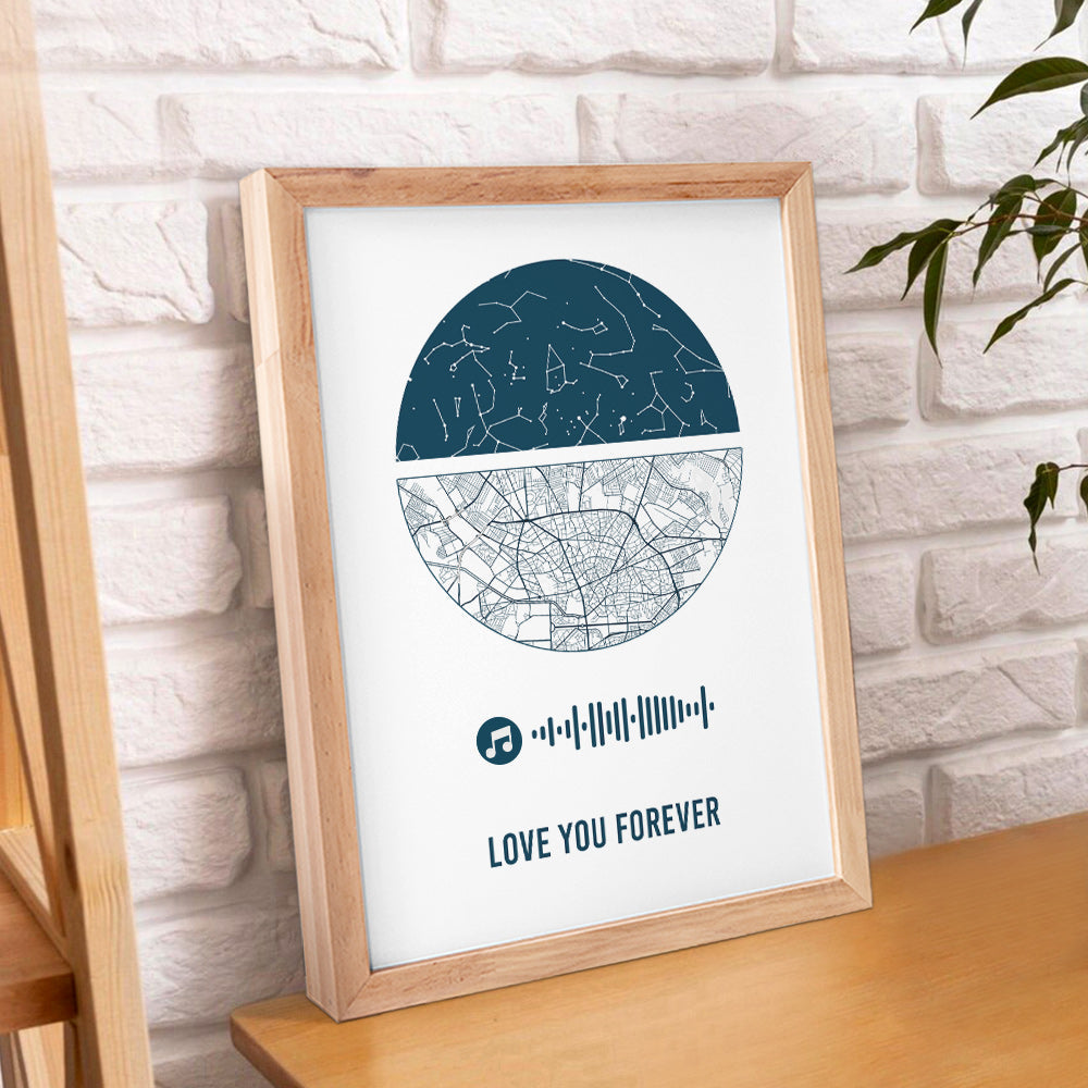 Personalised Music Frame with Custom Night Sky & Map - Unique Wedding & Anniversary Gift
