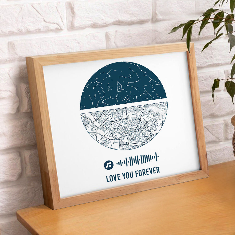 Personalised Music Frame with Custom Night Sky & Map - Unique Wedding & Anniversary Gift