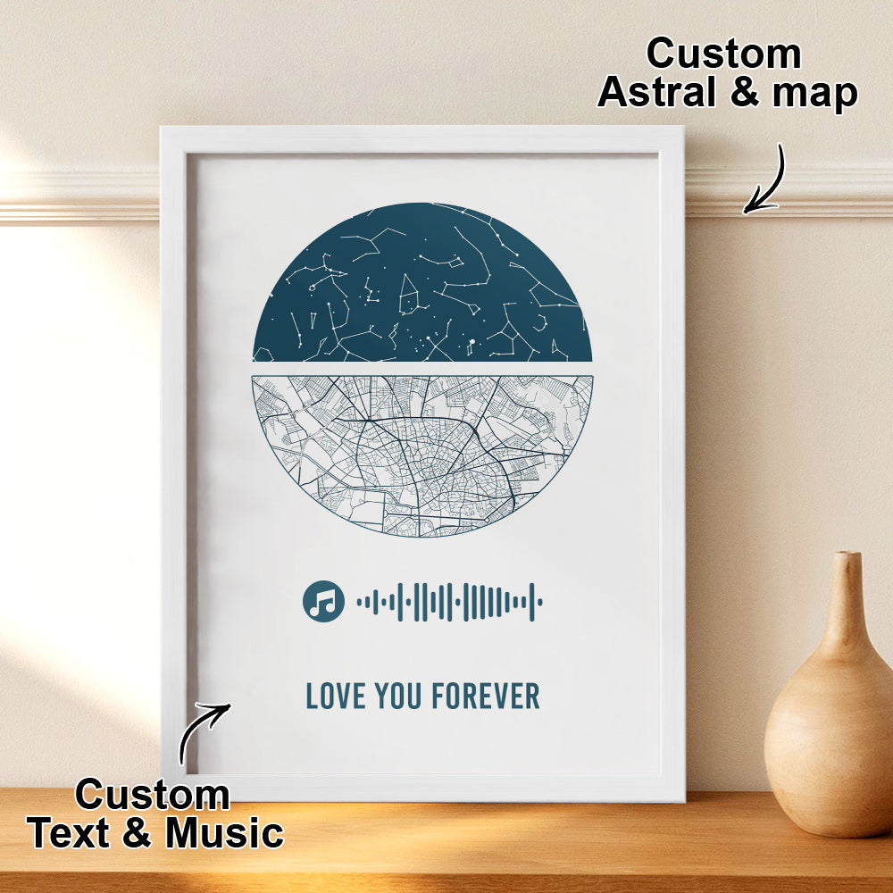 Personalised Music Frame with Custom Night Sky & Map - Unique Wedding & Anniversary Gift
