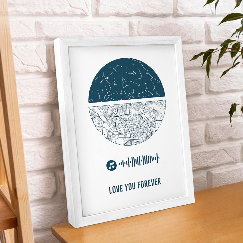 Personalised Music Frame with Custom Night Sky & Map - Unique Wedding & Anniversary Gift