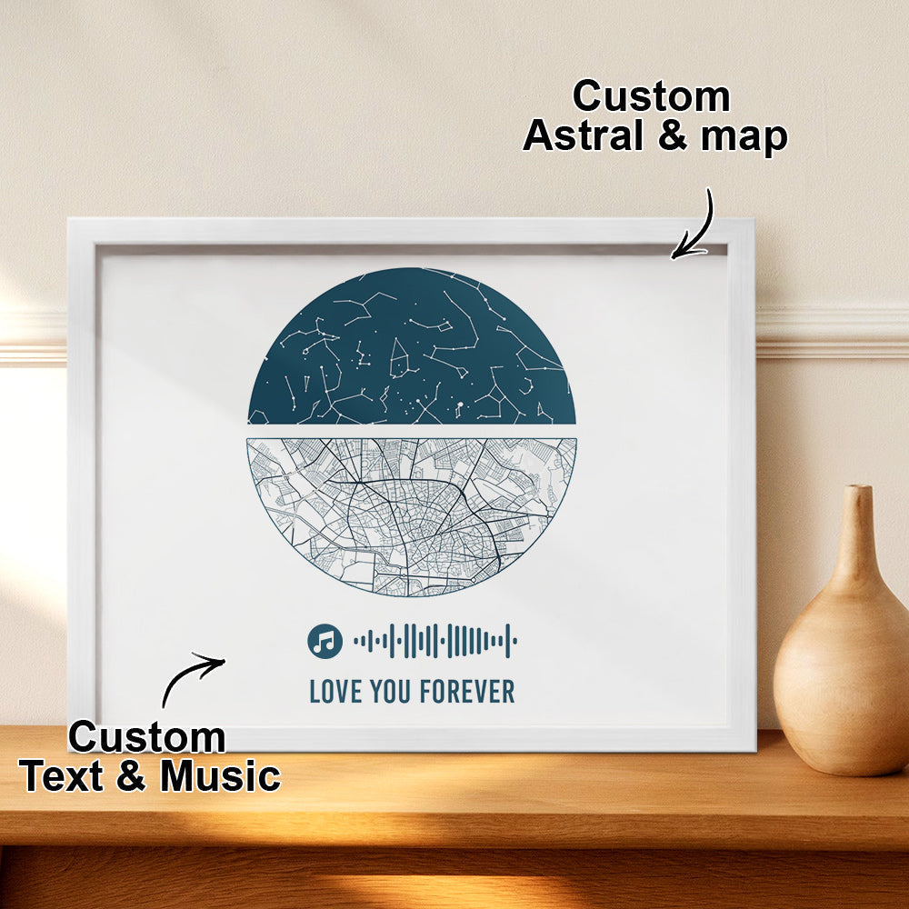 Personalised Music Frame with Custom Night Sky & Map - Unique Wedding & Anniversary Gift