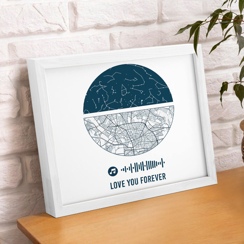 Personalised Music Frame with Custom Night Sky & Map - Unique Wedding & Anniversary Gift