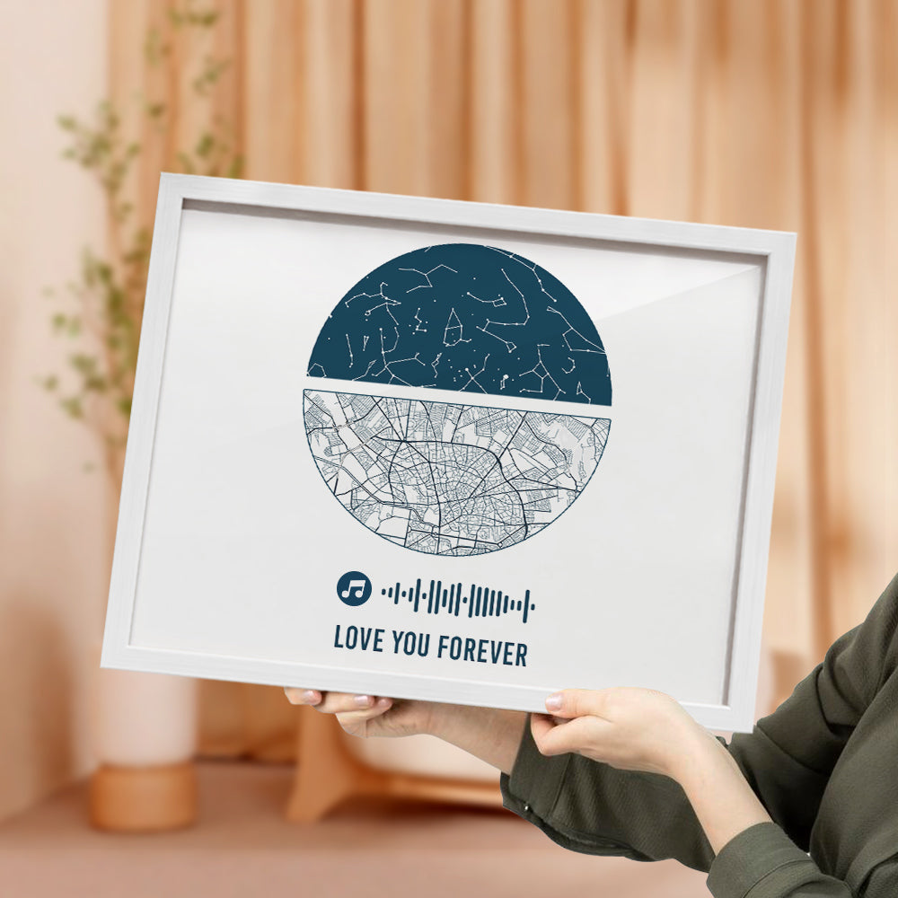 Personalised Music Frame with Custom Night Sky & Map - Unique Wedding & Anniversary Gift