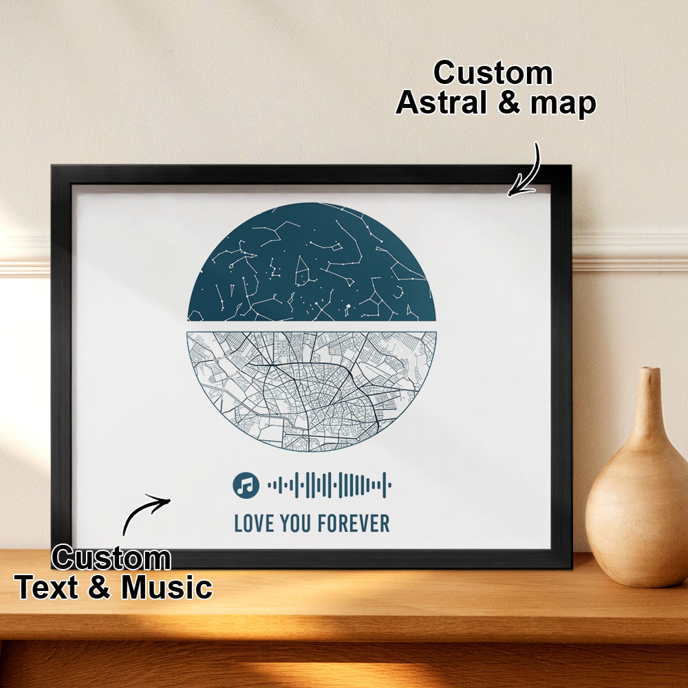Personalised Music Frame with Custom Night Sky & Map - Unique Wedding & Anniversary Gift