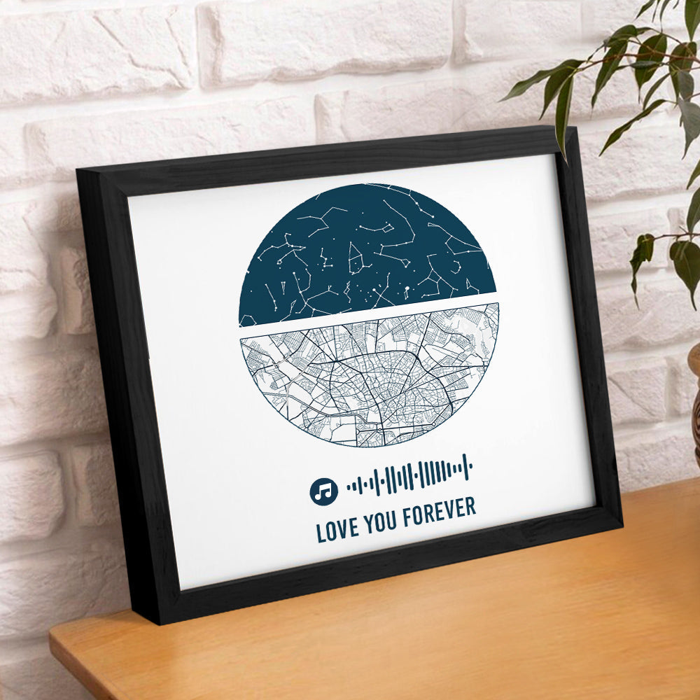 Personalised Music Frame with Custom Night Sky & Map - Unique Wedding & Anniversary Gift