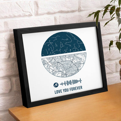 Personalised Music Frame with Custom Night Sky & Map - Unique Wedding & Anniversary Gift
