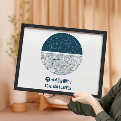 Personalised Music Frame with Custom Night Sky & Map - Unique Wedding & Anniversary Gift