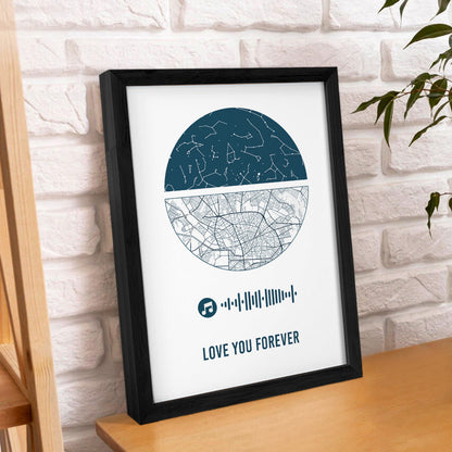 Personalised Music Frame with Custom Night Sky & Map - Unique Wedding & Anniversary Gift