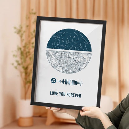 Personalised Music Frame with Custom Night Sky & Map - Unique Wedding & Anniversary Gift