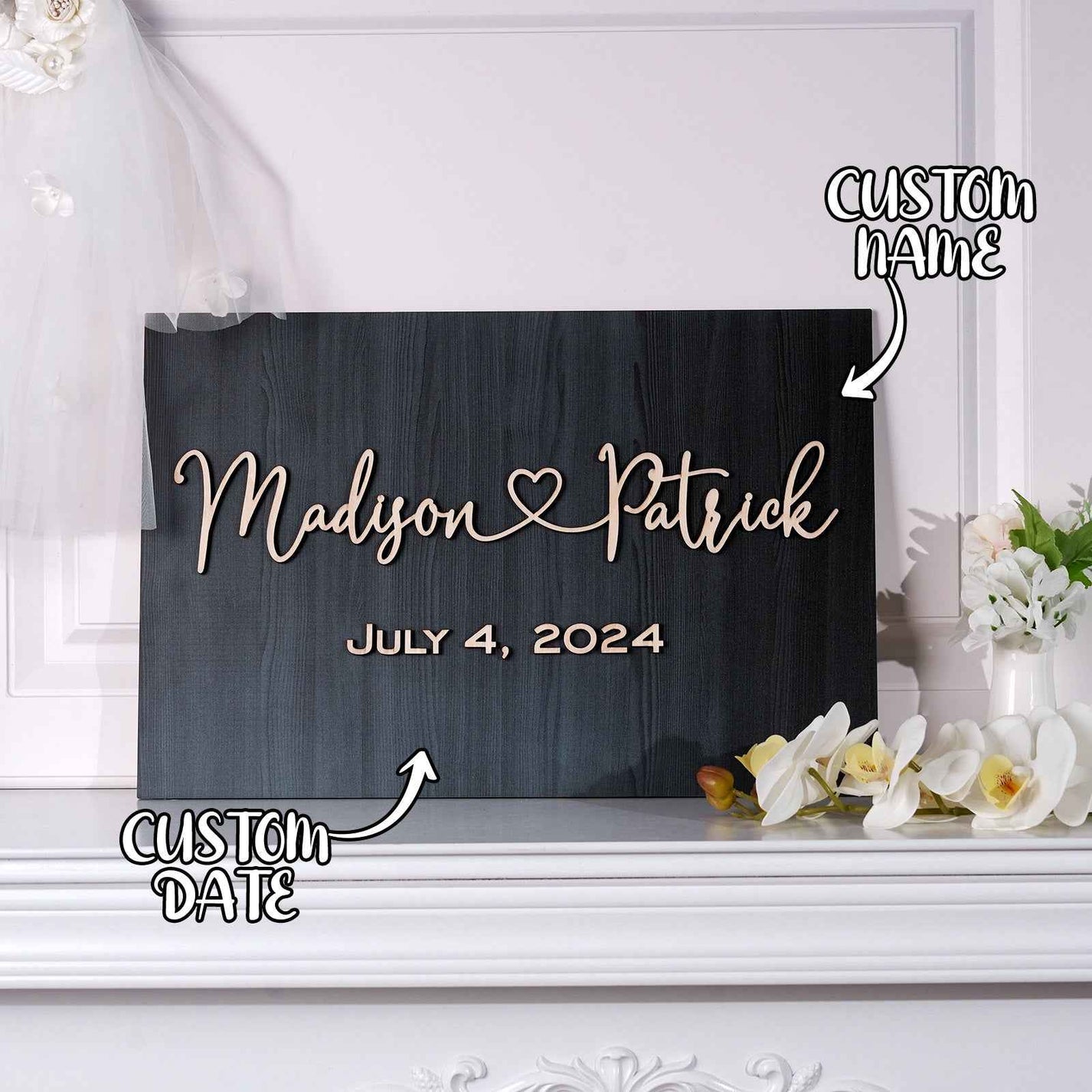 Personalised wooden wedding welcome sign with custom name and date