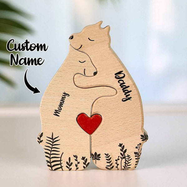 Custom Name Wooden Heart Bear Puzzle – Personalized Family Gift
