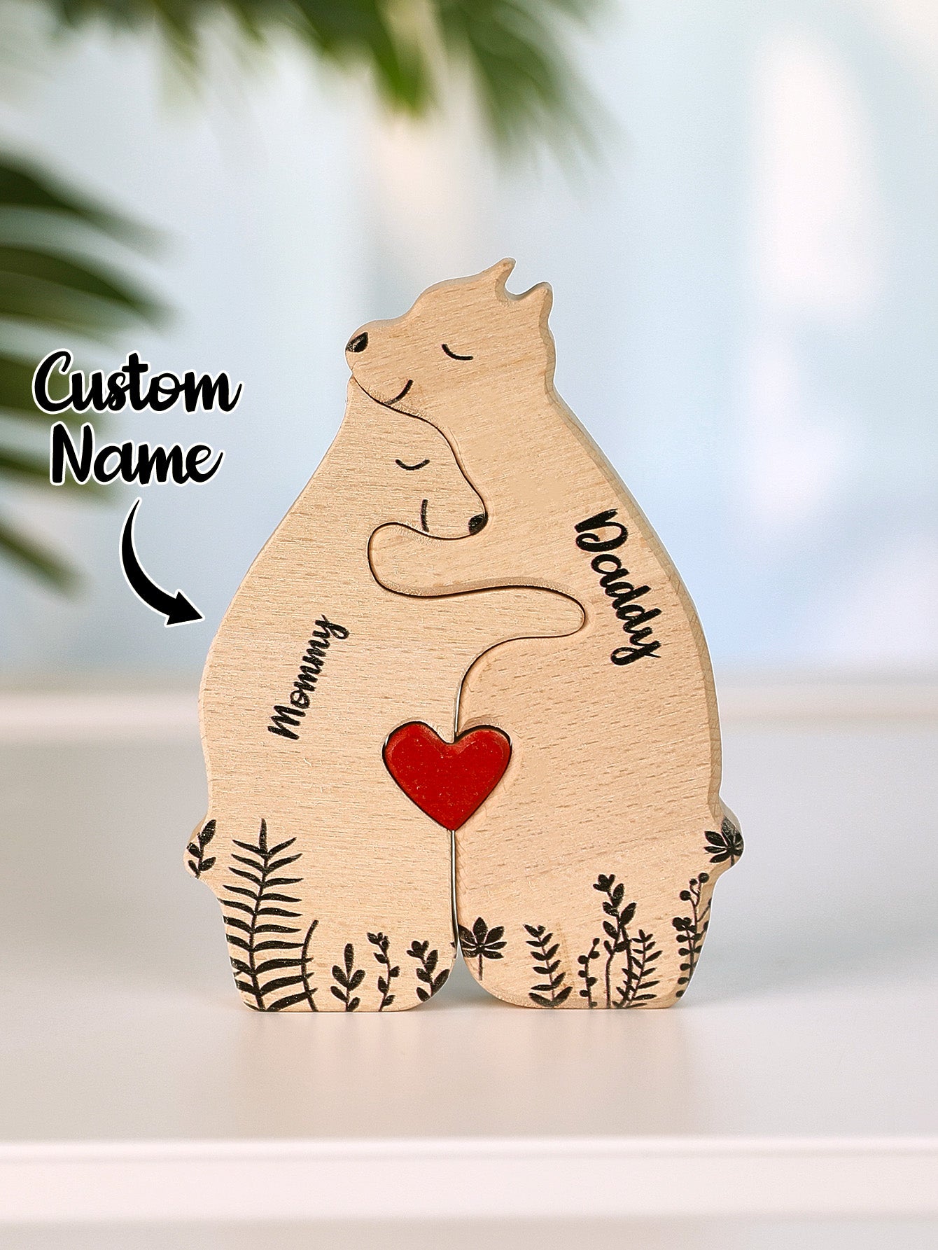 Personalised wooden heart bear puzzle with engraved family names and heart details – natural wood keepsake