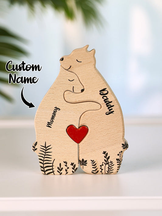 Personalised wooden heart bear puzzle with engraved family names and heart details – natural wood keepsake