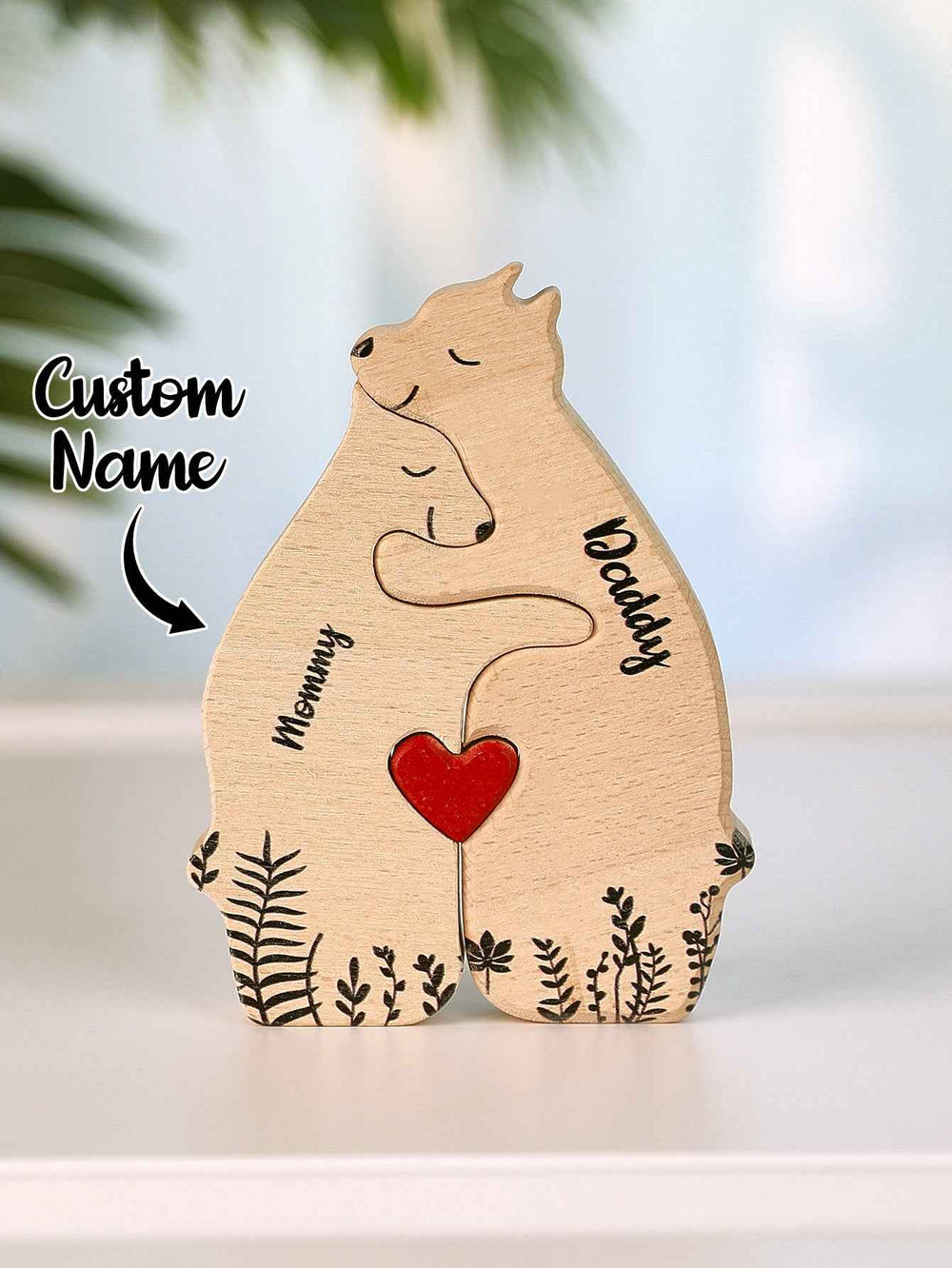 Custom Name Wooden Heart Bear Puzzle – Personalized Family Gift