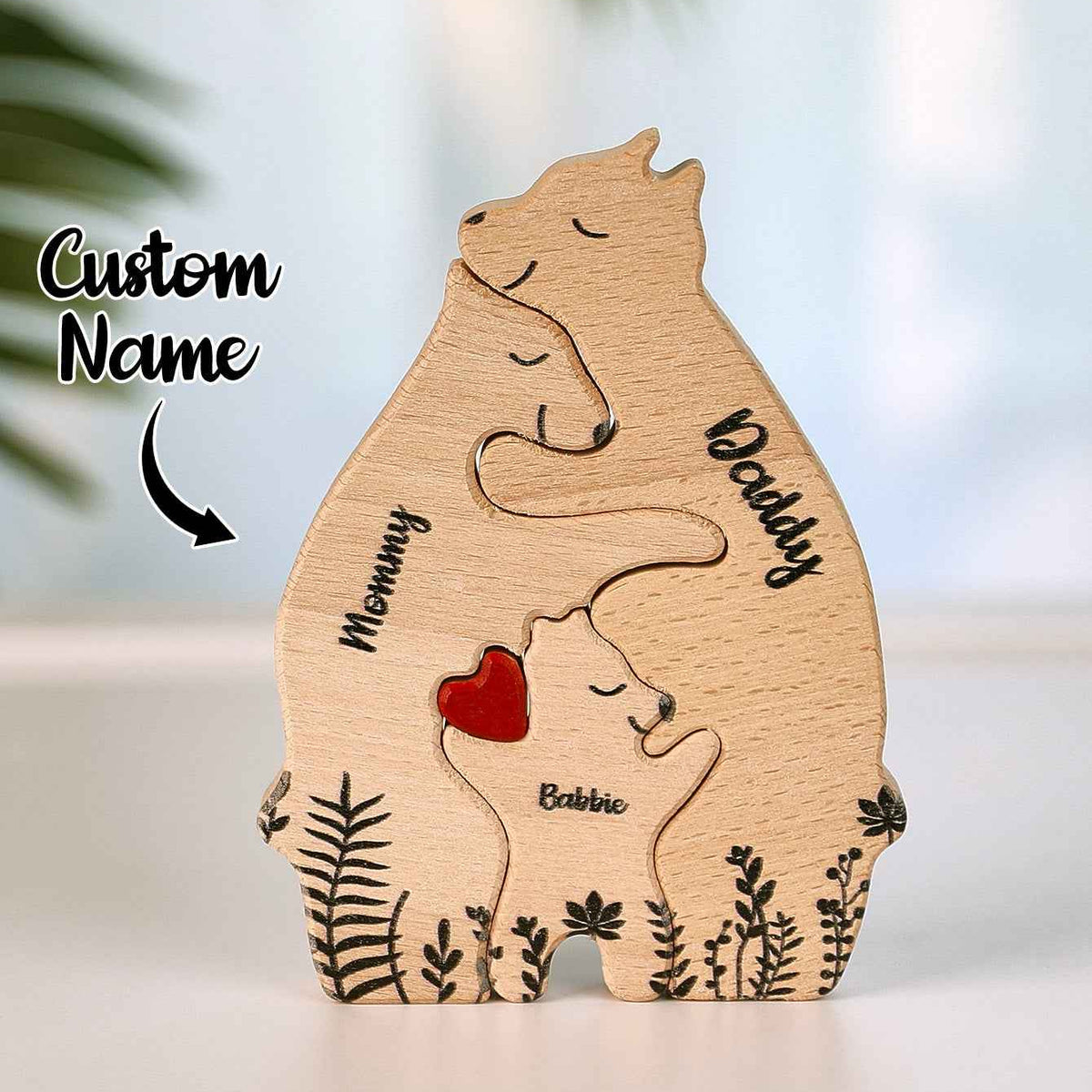 Custom Name Wooden Heart Bear Puzzle – Personalized Family Gift