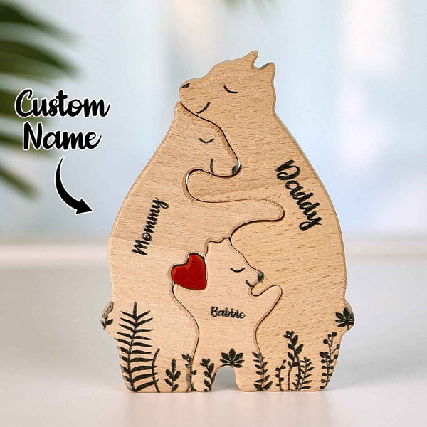 Custom Name Wooden Heart Bear Puzzle – Personalized Family Gift
