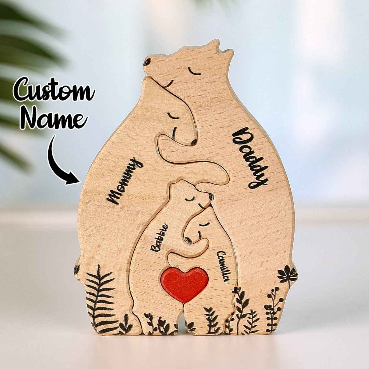 Custom Name Wooden Heart Bear Puzzle – Personalized Family Gift