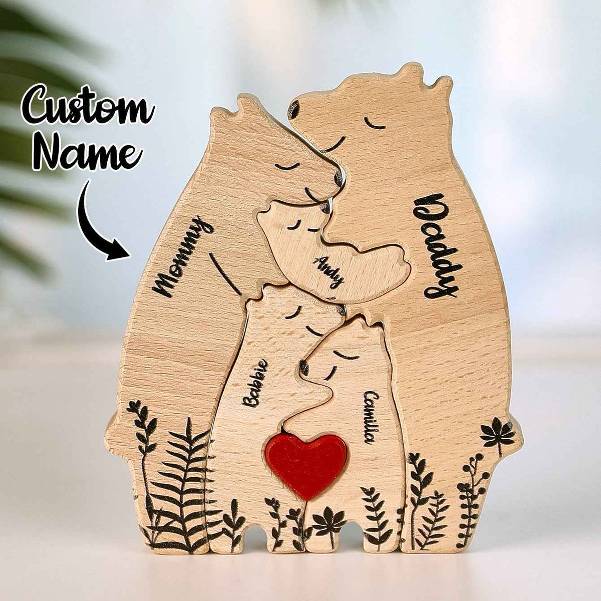 Custom Name Wooden Heart Bear Puzzle – Personalized Family Gift