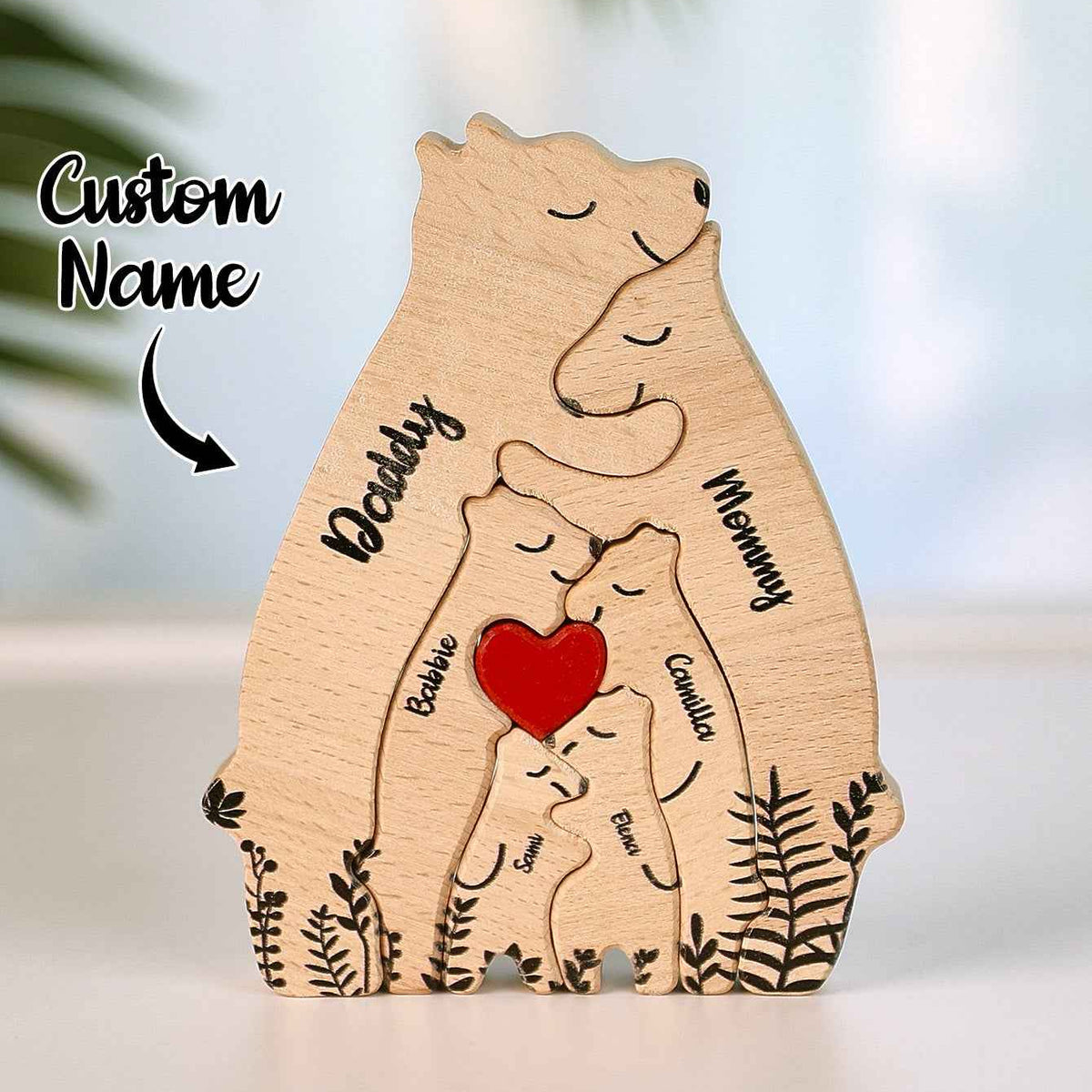 Custom Name Wooden Heart Bear Puzzle – Personalized Family Gift