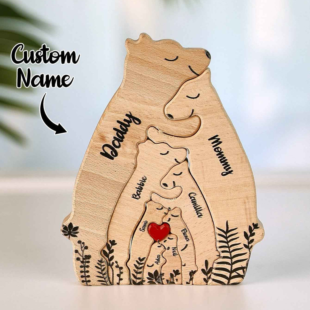 Custom Name Wooden Heart Bear Puzzle – Personalized Family Gift