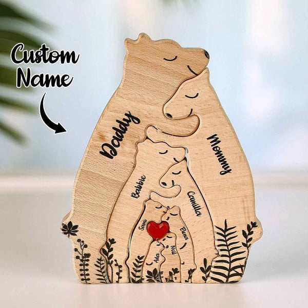 Custom Name Wooden Heart Bear Puzzle – Personalized Family Gift