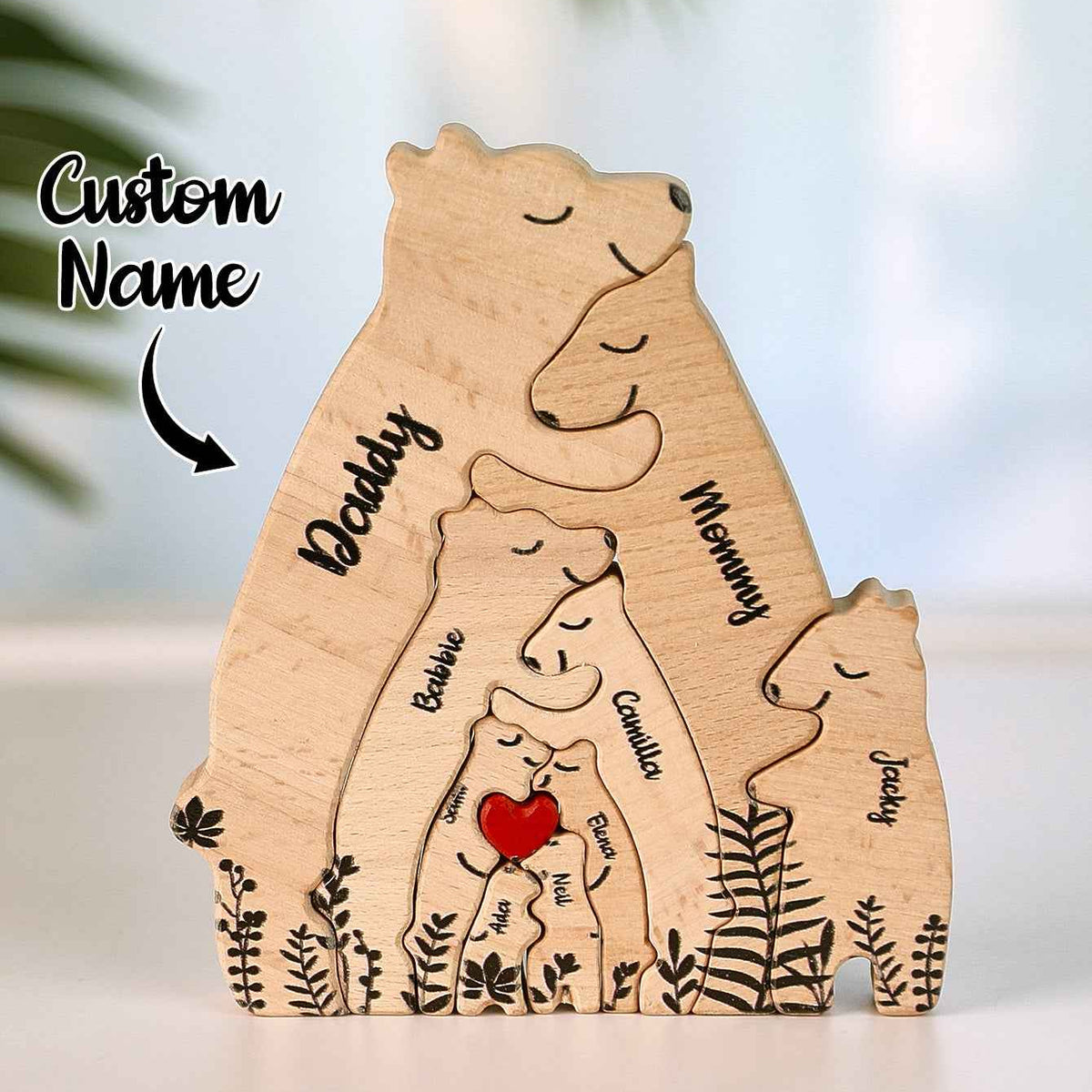 Custom Name Wooden Heart Bear Puzzle – Personalized Family Gift