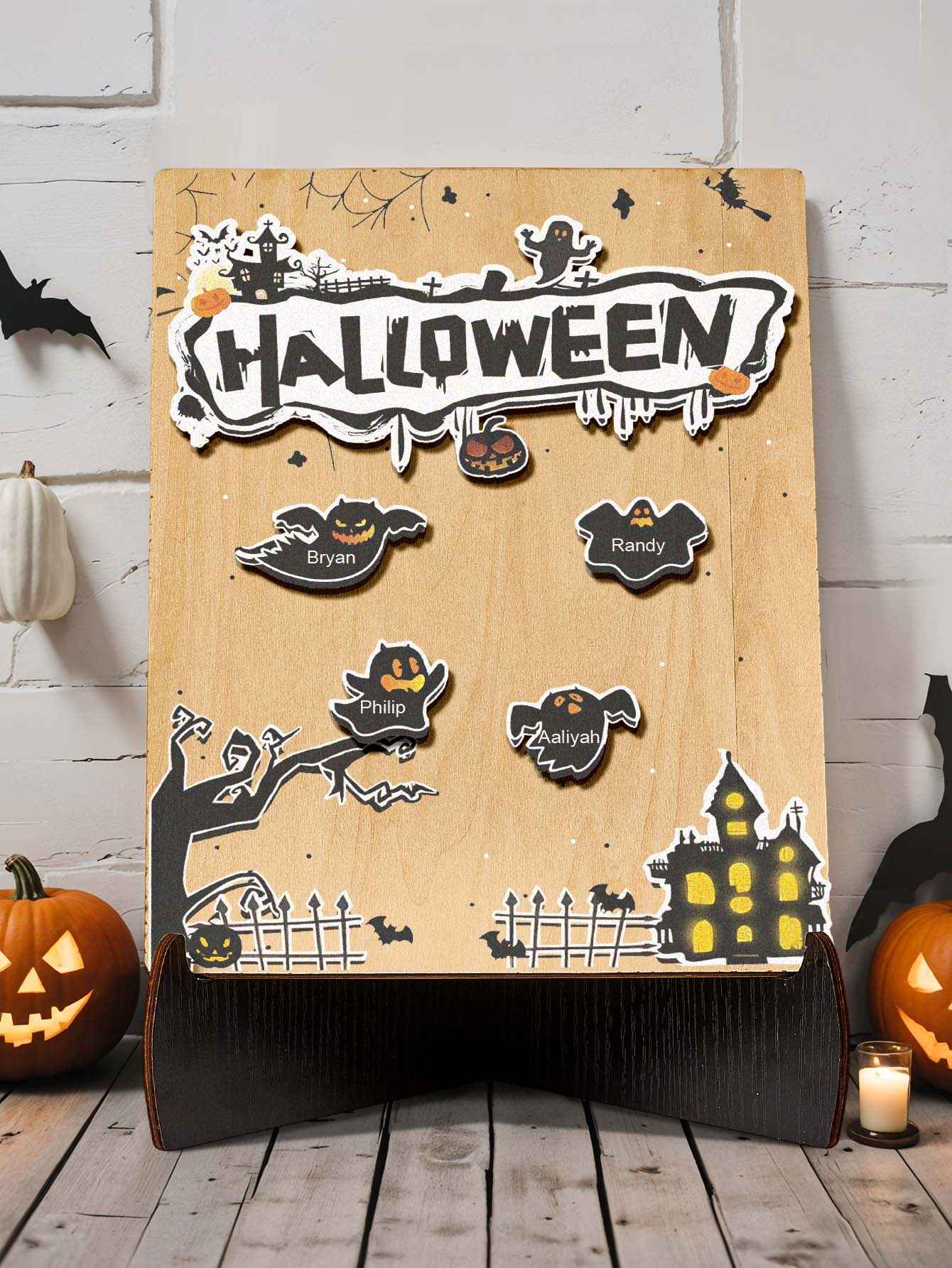 Personalized Hallowmas Wooden Ornament with Name Ghost Plaque for Halloween Gift
