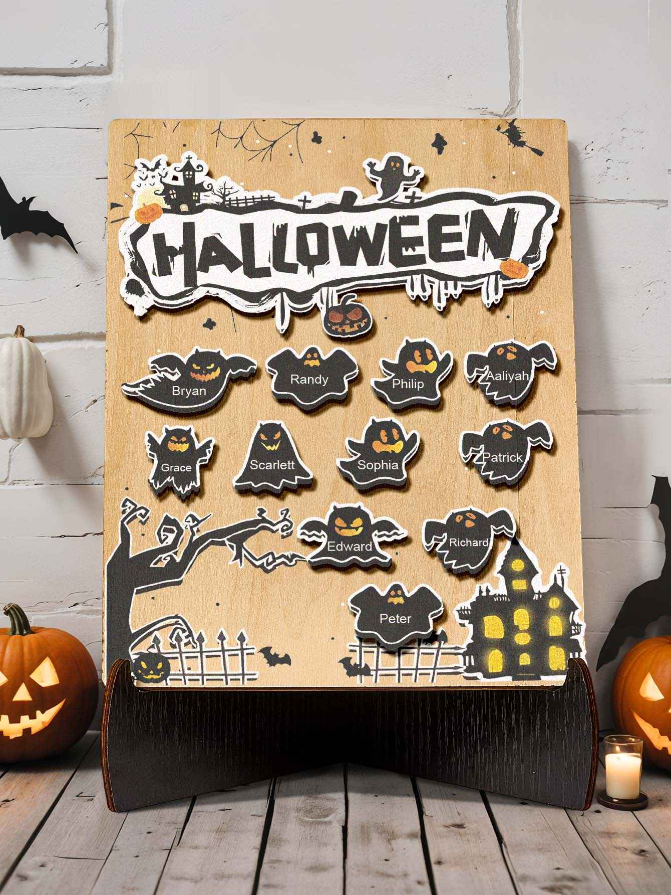Personalized Hallowmas Wooden Ornament with Name Ghost Plaque for Halloween Gift