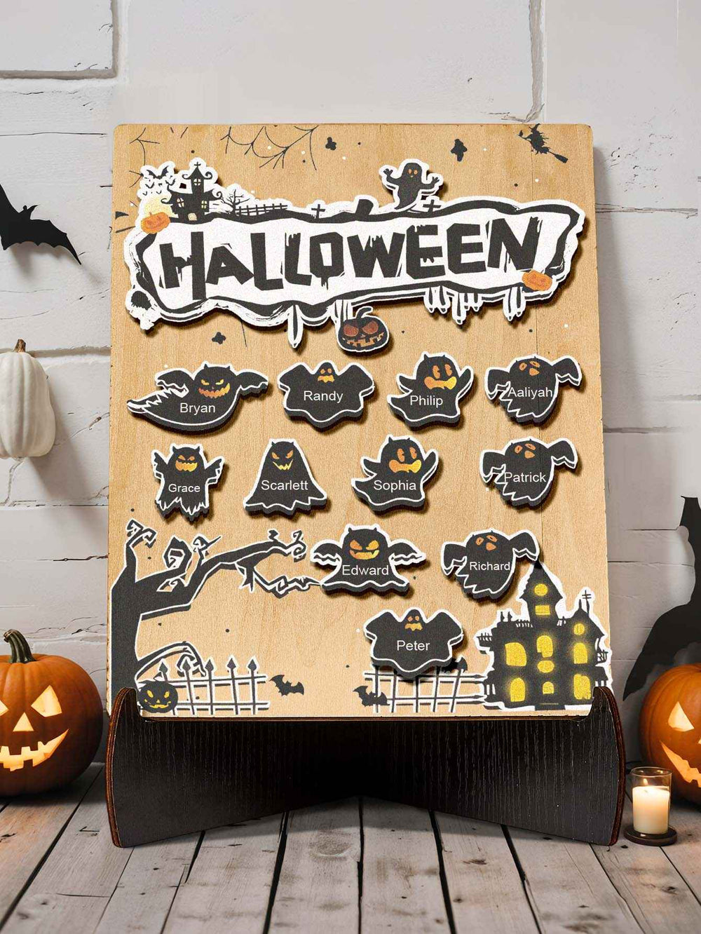 Personalized Hallowmas Wooden Ornament with Name Ghost Plaque for Halloween Gift