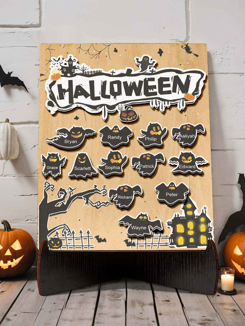 Personalized Hallowmas Wooden Ornament with Name Ghost Plaque for Halloween Gift