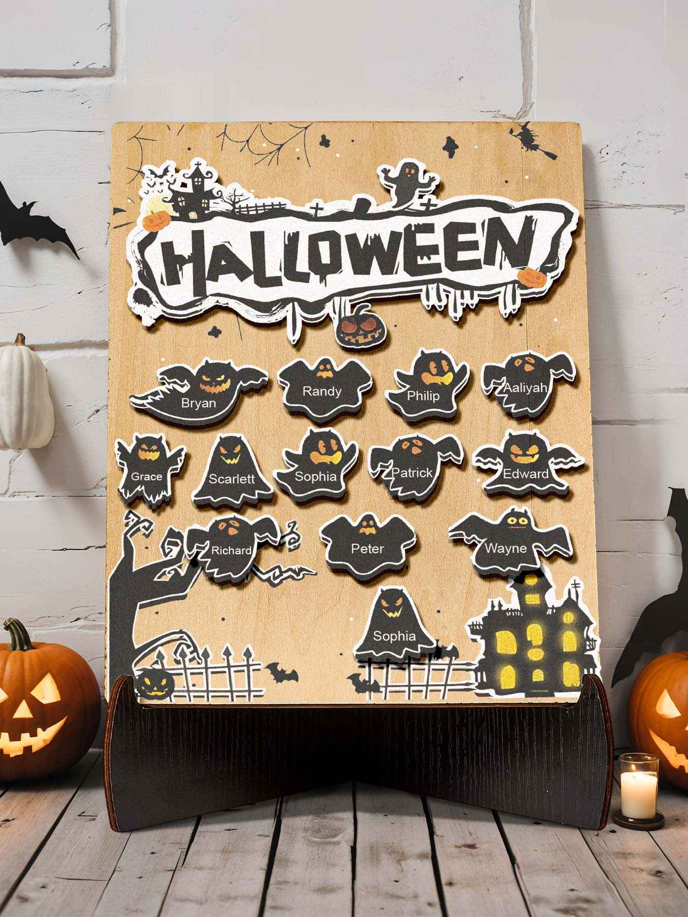 Personalized Hallowmas Wooden Ornament with Name Ghost Plaque for Halloween Gift