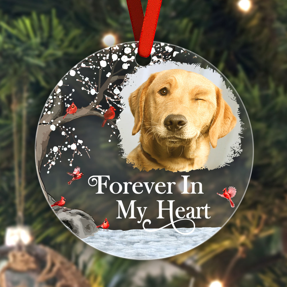 Detail shot of ribbon and polished edge on a personalised acrylic memorial photo ornament, quality finish and durable print