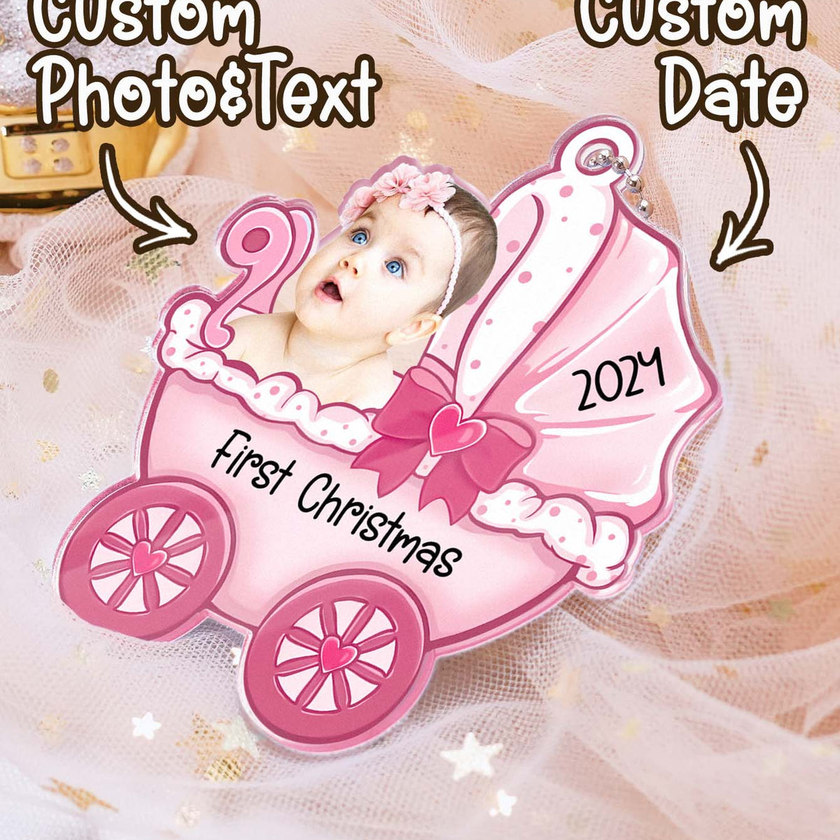 Personalised Baby Carriage Christmas Ornament with Photo - Acrylic Keepsake Gift