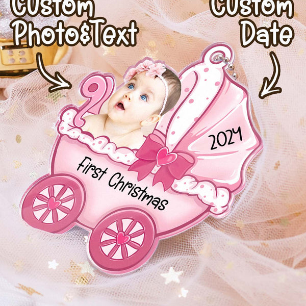 Personalised Baby Carriage Christmas Ornament with Photo - Acrylic Keepsake Gift