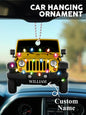 Personalised acrylic car ornament photographed on a festive background, engraved name clearly visible — unique Christmas gift for car lovers