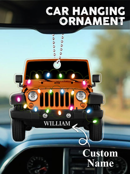 Pair of personalised car Christmas ornaments hanging together, engraved with different names on clear acrylic — ideal for couples and families