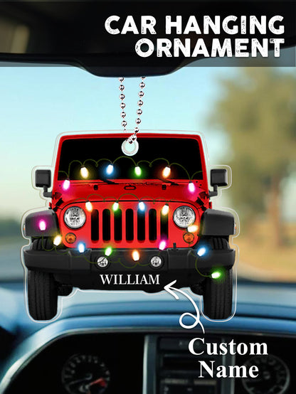 Personalised car ornament displayed with festive props, highlighting custom name engraving and durable acrylic material — perfect stocking filler